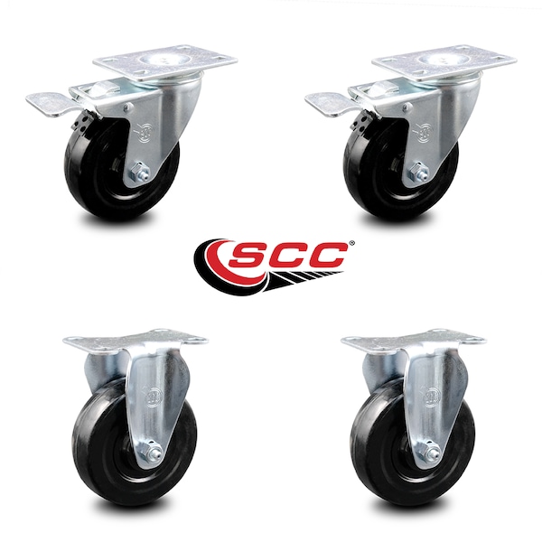 4 Inch Hard Rubber Wheel Swivel Top Plate Caster Lock Brakes 2 Rigid SCC, 2PK